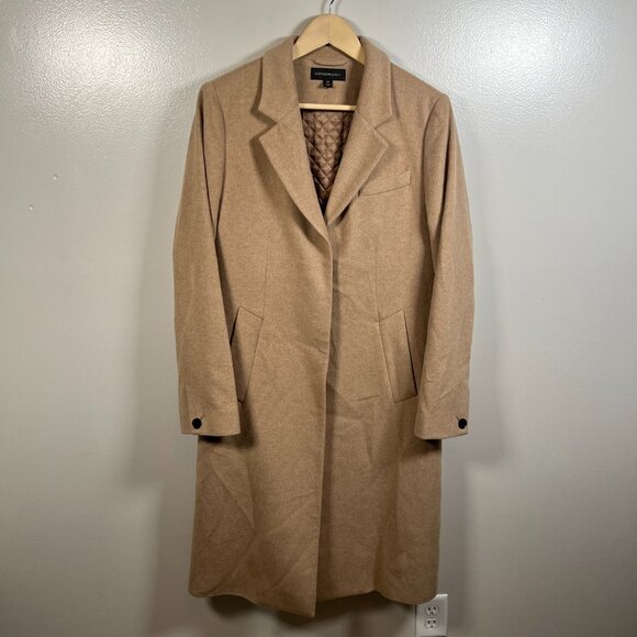 Katherine Kelly Cashmere Coat Size 10 Tan Neutral Trench Long Notch Collar - Picture 1 of 13